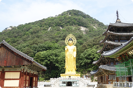 Colossal statue of Maitreya (Yonghwabojeon Hall) and Sujeongbong Peak